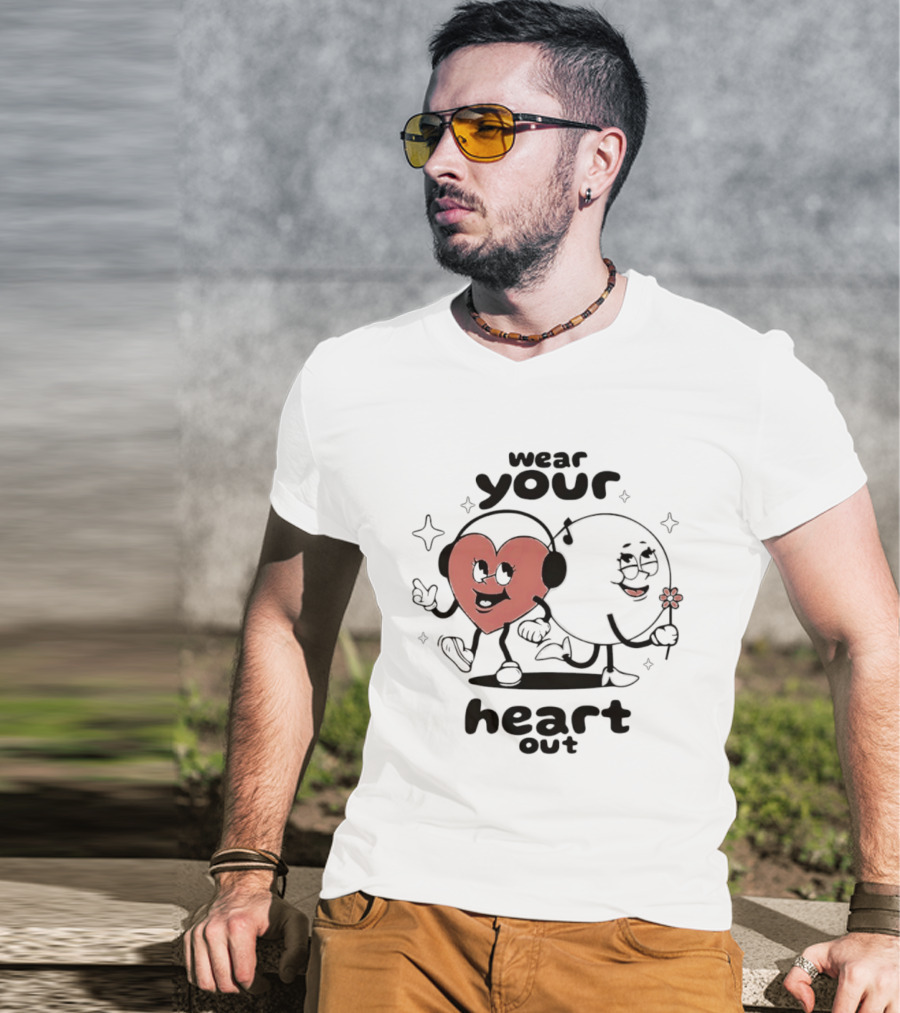 Wear Your Heart Out Love Aesthetic Headphones And Flower Cartoon Characters T-Shirt