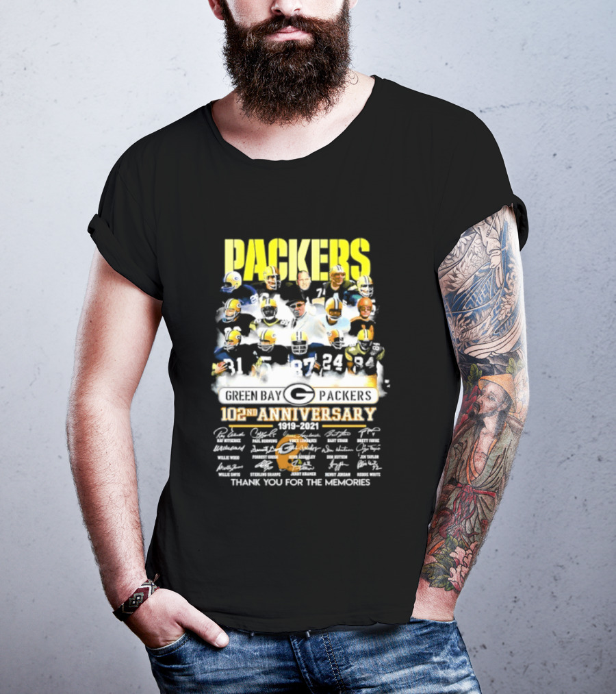 Green Bay Packers 102nd Anniversary 1919 2021 Thank You For The Memories Packers Legends Signatures Collection T-Shirt