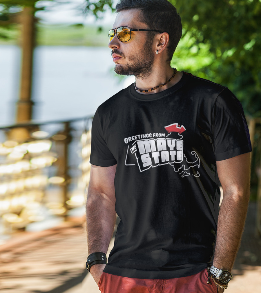 Greetings From The Maye State New England Outline Red Shape T-Shirt