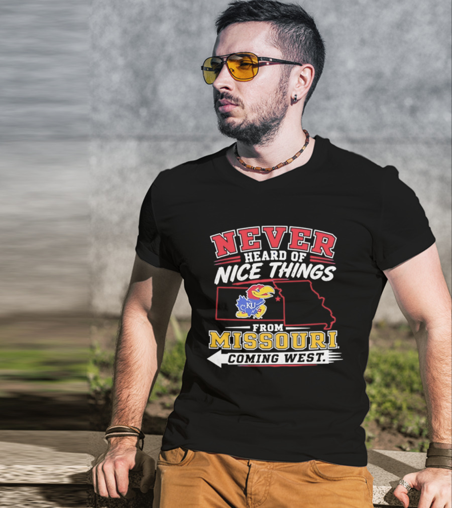 Never Heard Of Nice Things From Missouri Coming West Kansas Jayhawks KU Bird Map T-Shirt