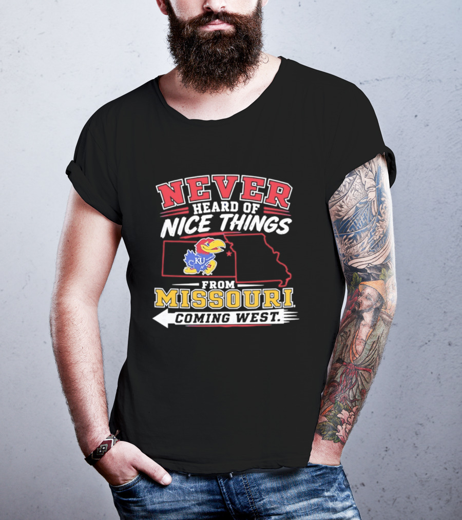 Never Heard Of Nice Things From Missouri Coming West Kansas Jayhawks KU Bird Map T-Shirt