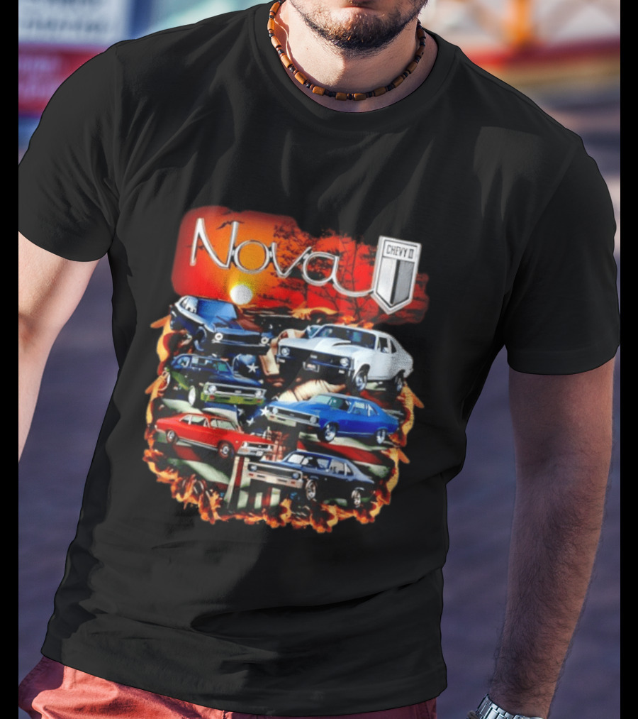 Nova Chevy II American Flag Muscle Car Collection Vintage Sunset T-Shirt