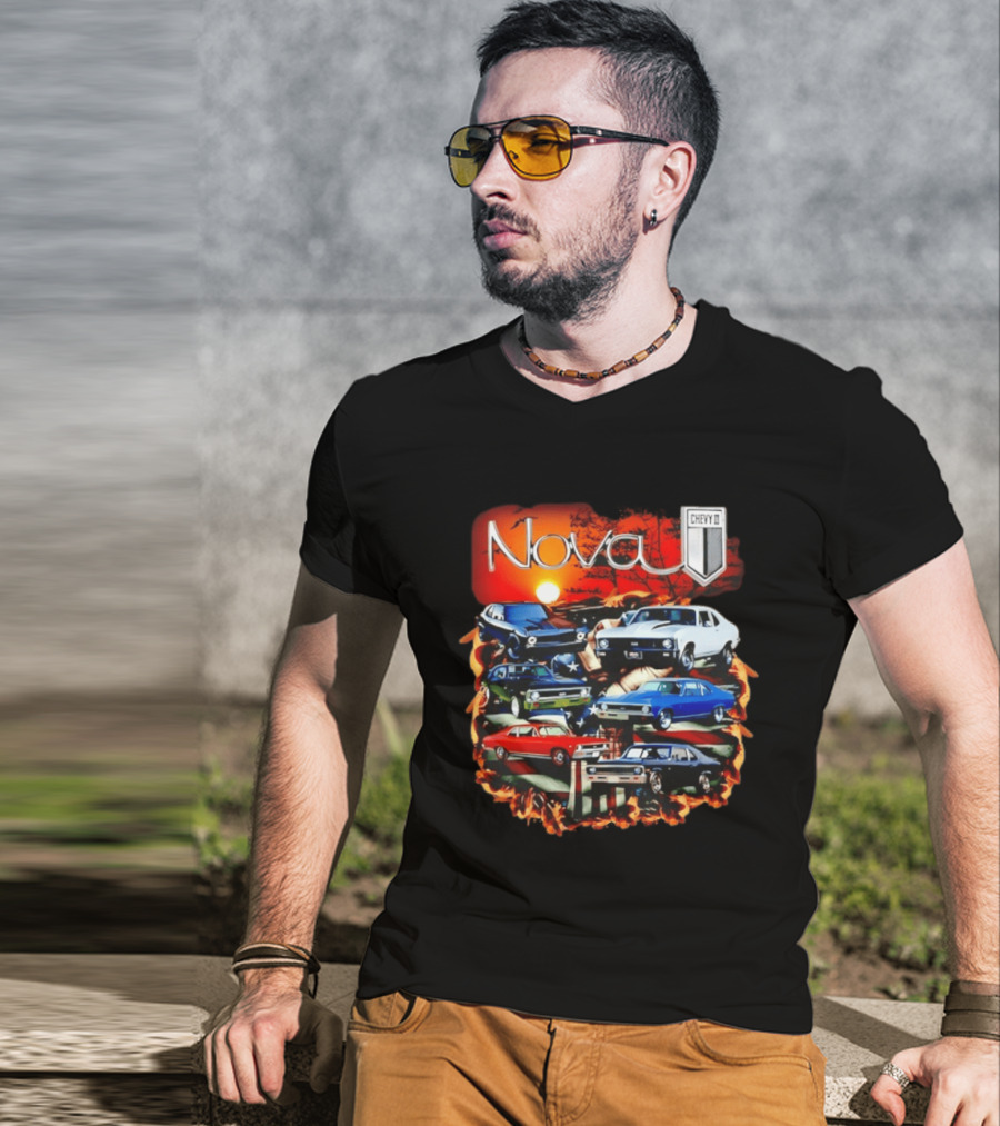 Nova Chevy II American Flag Muscle Car Collection Vintage Sunset T-Shirt