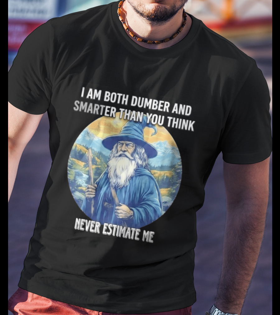 I Am Both Dumber And Smarter Than You Think Never Estimate Me Wizard Blue Robe And Hat Mountain T-Shirt