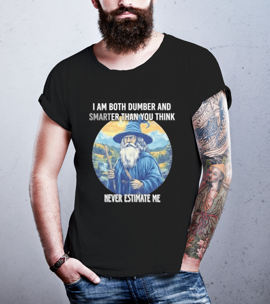I Am Both Dumber And Smarter Than You Think Never Estimate Me Wizard Blue Robe And Hat Mountain T-Shirt