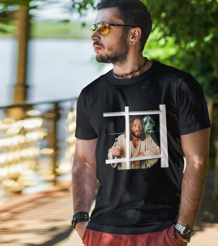 Jesus Drinking Whiskey With Ghostface Killer Behind Window T-Shirt