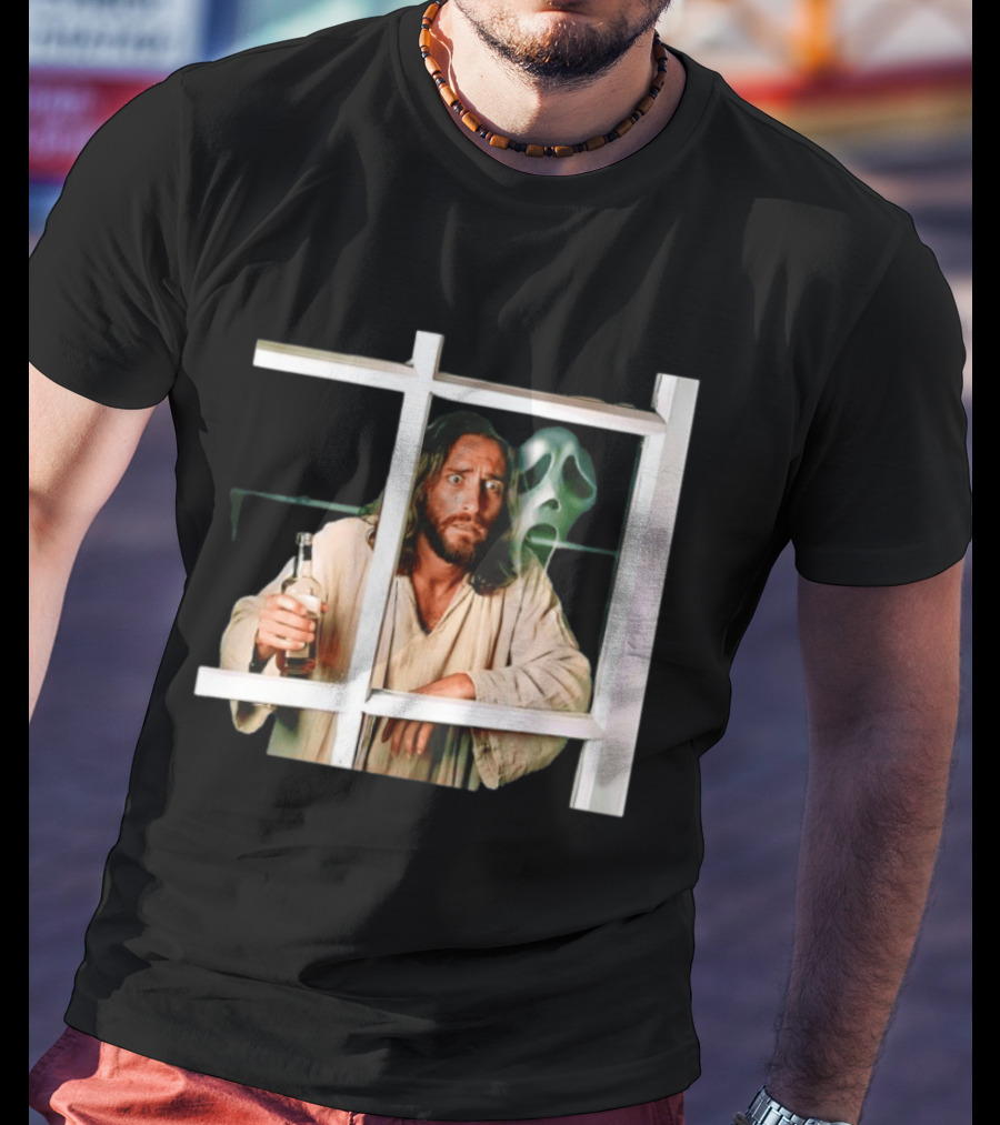 Jesus Drinking Whiskey With Ghostface Killer Behind Window T-Shirt