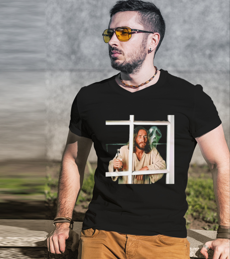 Jesus Drinking Whiskey With Ghostface Killer Behind Window T-Shirt