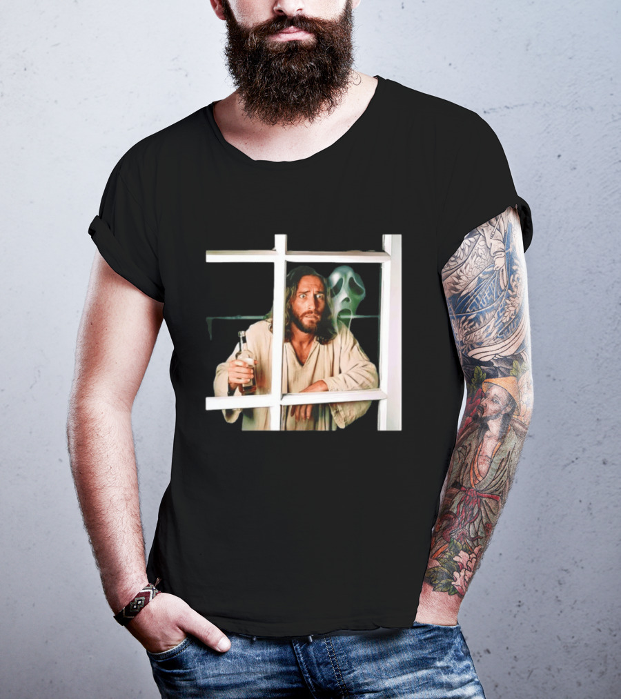 Jesus Drinking Whiskey With Ghostface Killer Behind Window T-Shirt