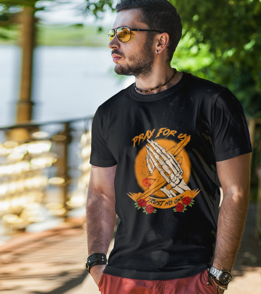 Pray For Us Trust No One Skeleton Hands Lightning Bolt Rose T-Shirt