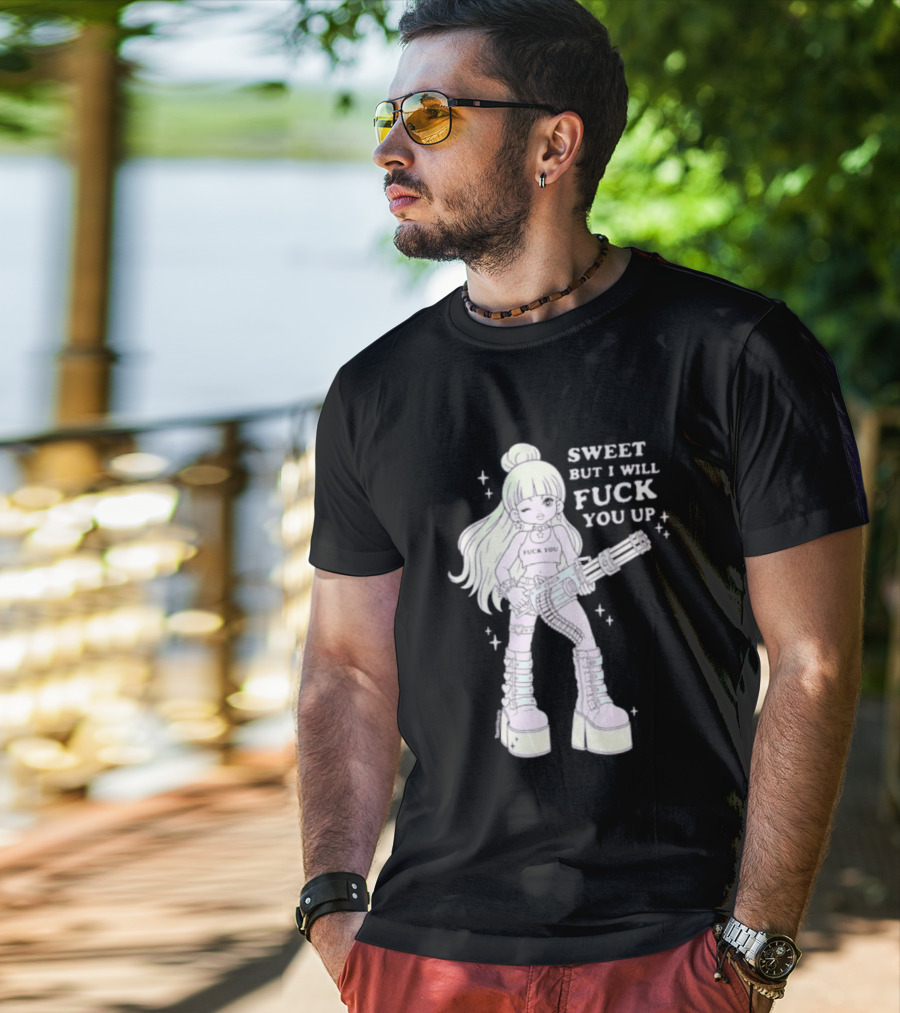 Sweet But I Will Fuck You Up Anime Girl Gun Platform Boots T-Shirt