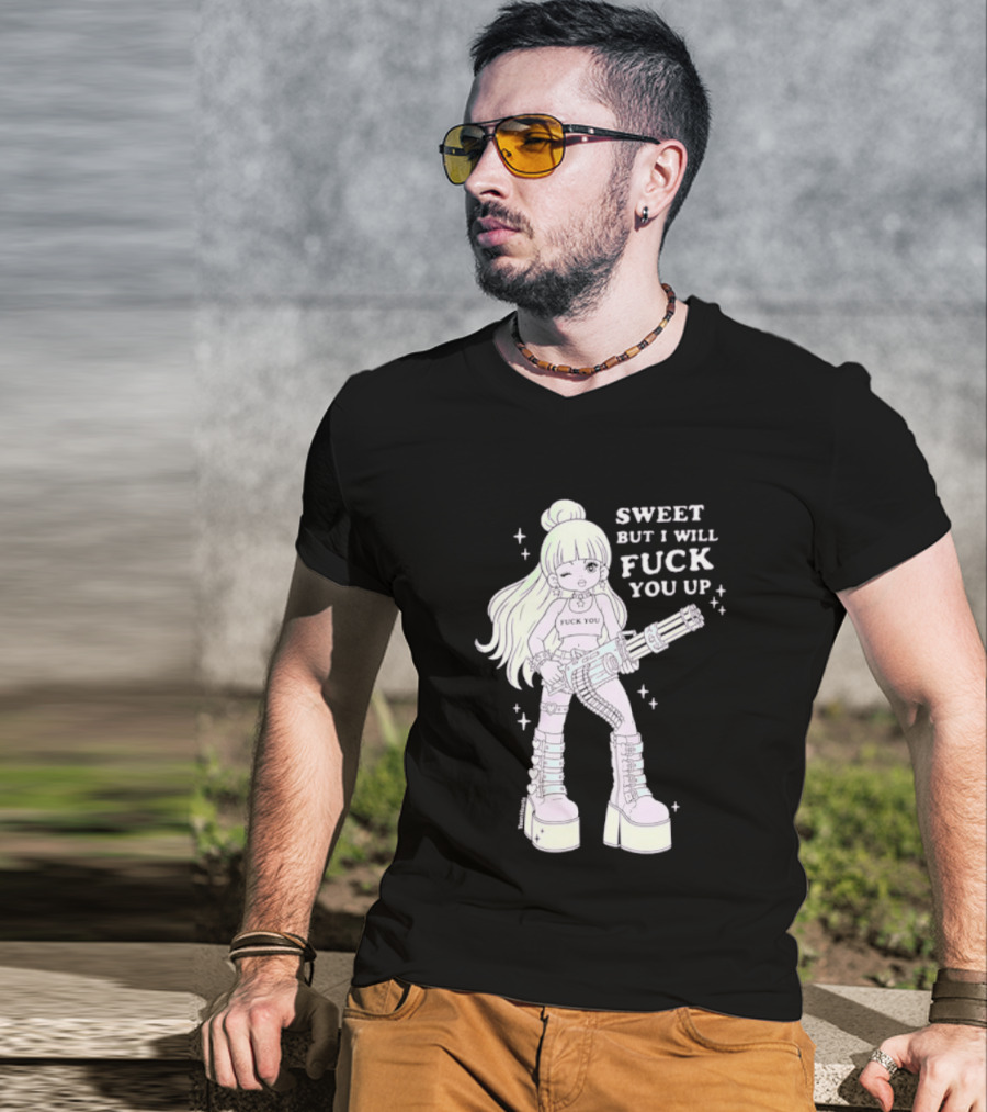 Sweet But I Will Fuck You Up Anime Girl Gun Platform Boots T-Shirt