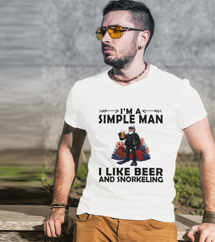 I'm A Simple Man I Like Beer And Snorkeling Diver Holding With Coral T-Shirt