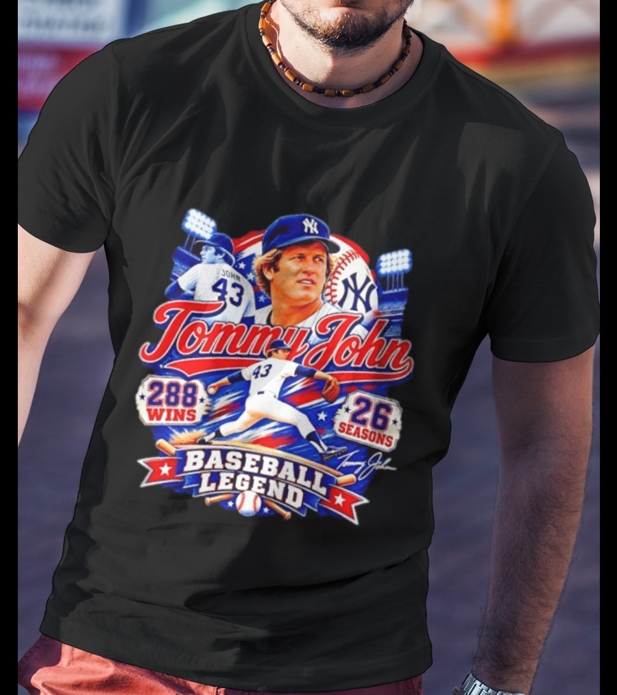 Tommy John 43 NY Yankees Baseball Legend 288 Wins 26 Seasons T-Shirt