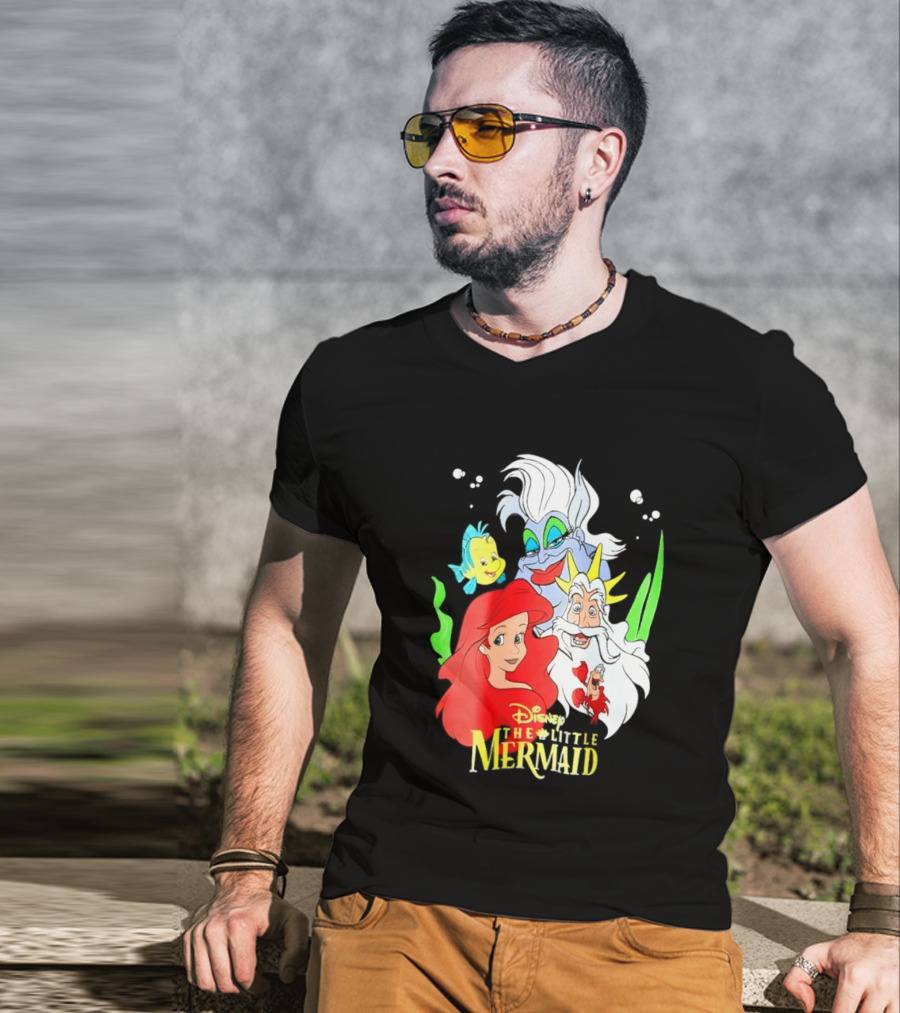 Disney The Little Mermaid Ariel Ursula King Triton Flounder Characters T-Shirt
