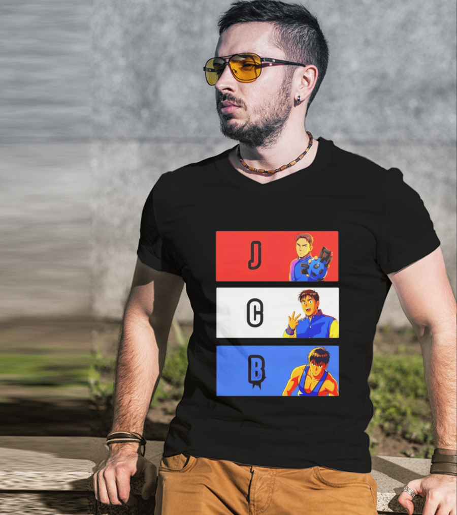 JCB Anime Characters Red White Blue Panels T-Shirt