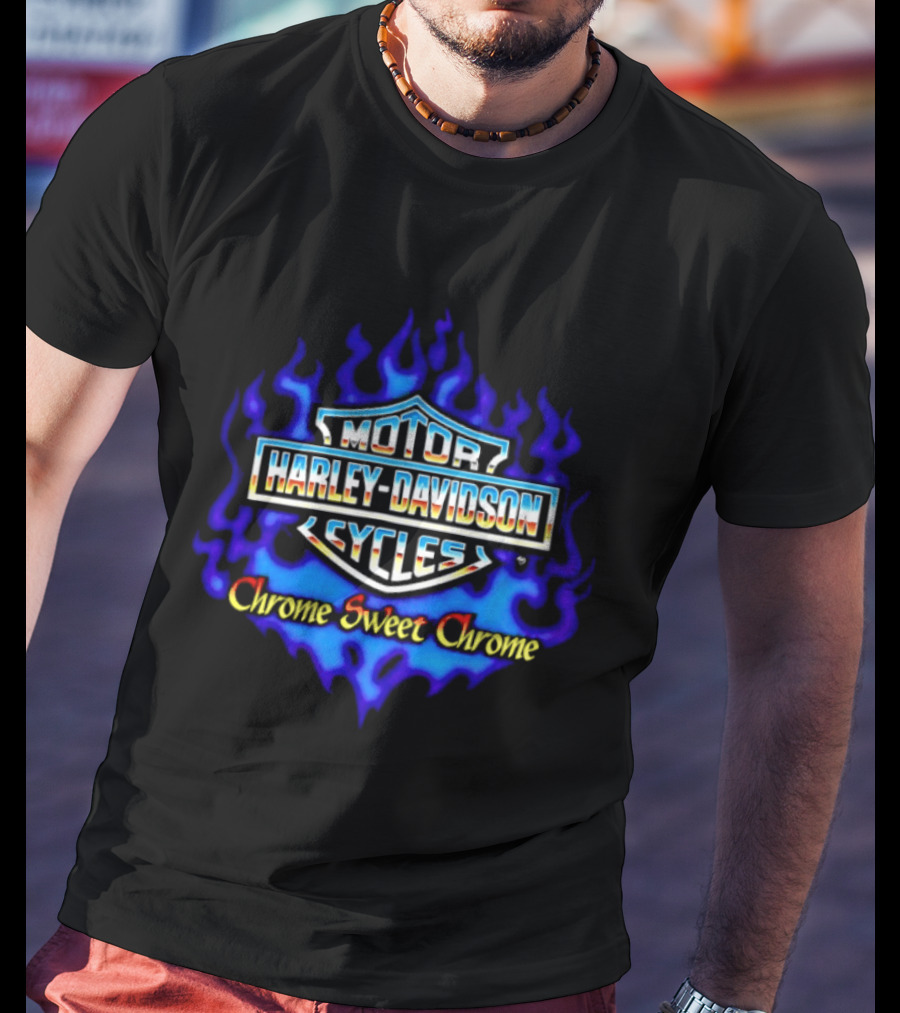 Harley Davidson Motor Cycles Chrome Sweet Chrome Blue Flames T-Shirt