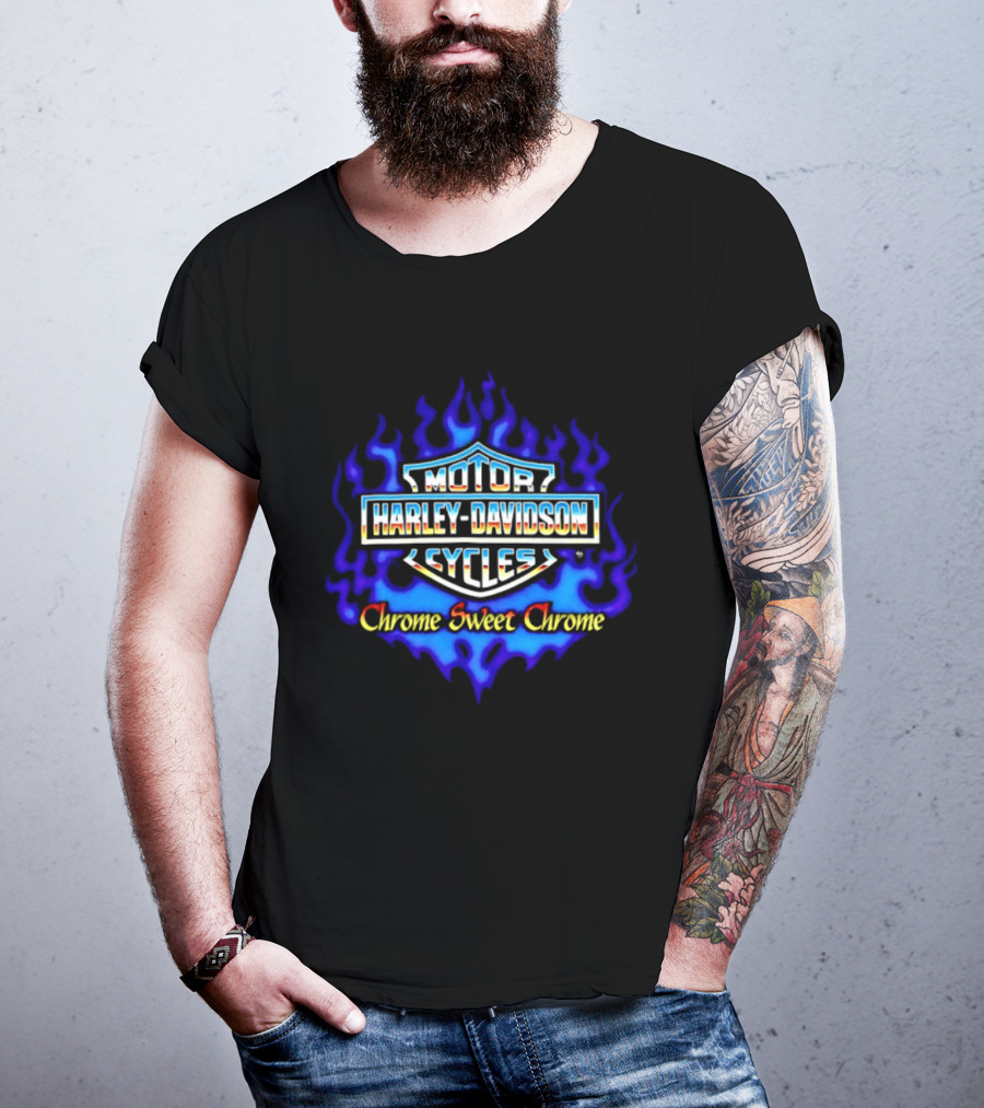 Harley Davidson Motor Cycles Chrome Sweet Chrome Blue Flames T-Shirt