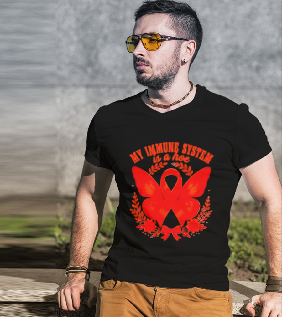 My Immune System Is A Hoe Autoimmune Disease Red Ribbon Butterfly T-Shirt
