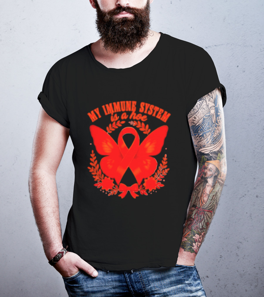My Immune System Is A Hoe Autoimmune Disease Red Ribbon Butterfly T-Shirt