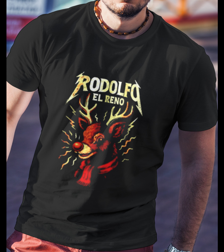 Rodolfo El Reno Heavy Metal Reindeer Christmas Lightning Antlers T-Shirt