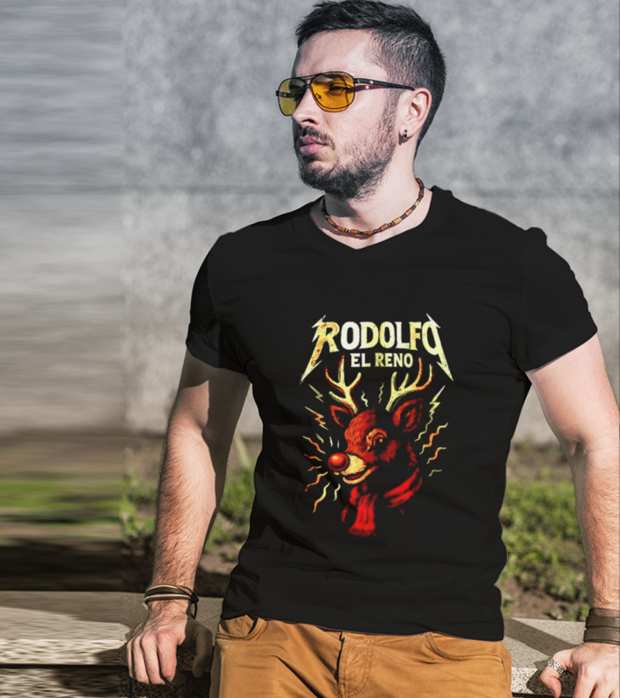 Rodolfo El Reno Heavy Metal Reindeer Christmas Lightning Antlers T-Shirt