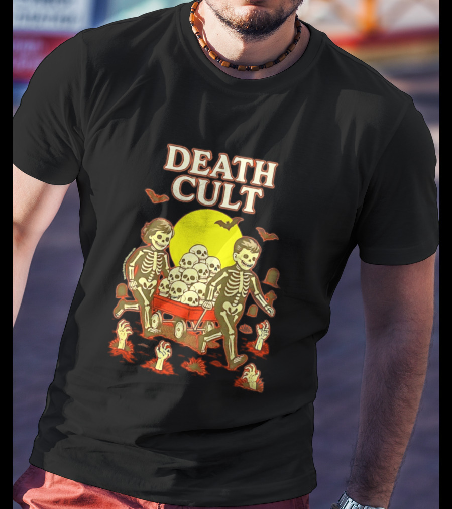 Death Cult Skeleton Kids Hauling Skull Filled Wagon With Rising Hands And Bats T-Shirt