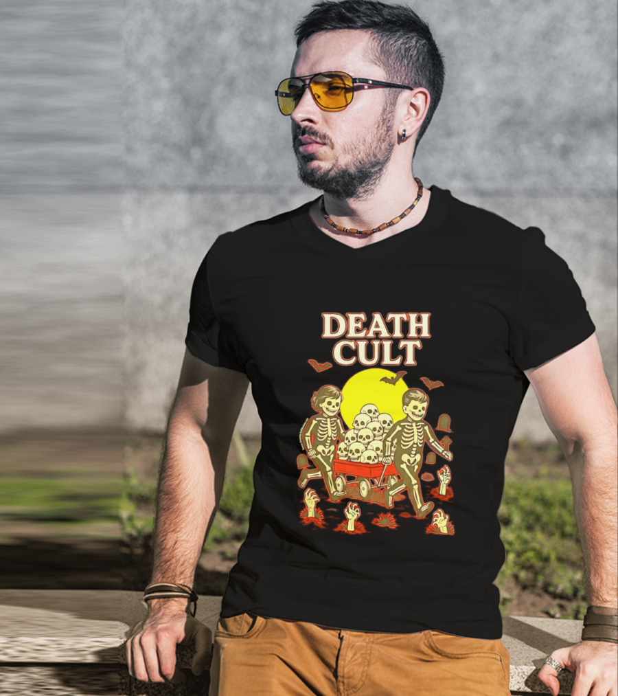 Death Cult Skeleton Kids Hauling Skull Filled Wagon With Rising Hands And Bats T-Shirt