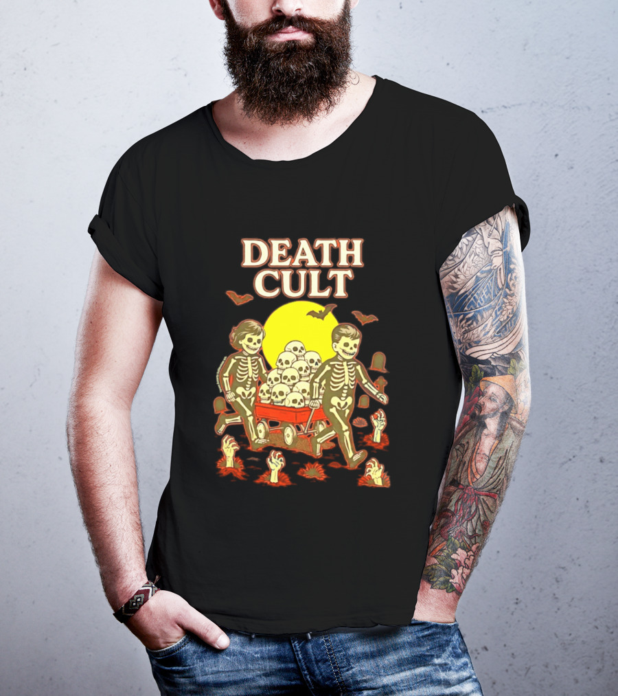 Death Cult Skeleton Kids Hauling Skull Filled Wagon With Rising Hands And Bats T-Shirt
