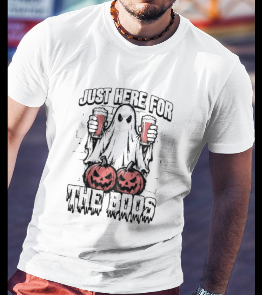 Just Here For The Boos Ghost With Beers And Pumpkins Halloween T-Shirt