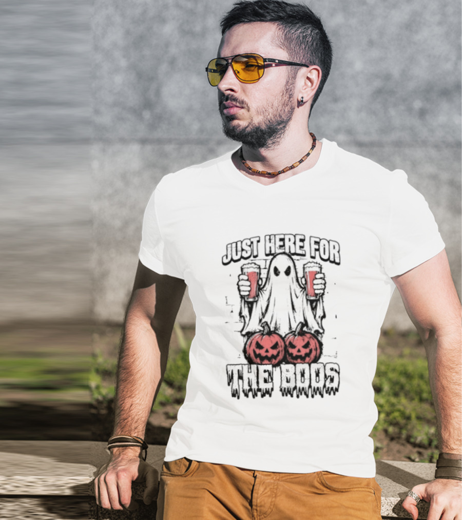 Just Here For The Boos Ghost With Beers And Pumpkins Halloween T-Shirt