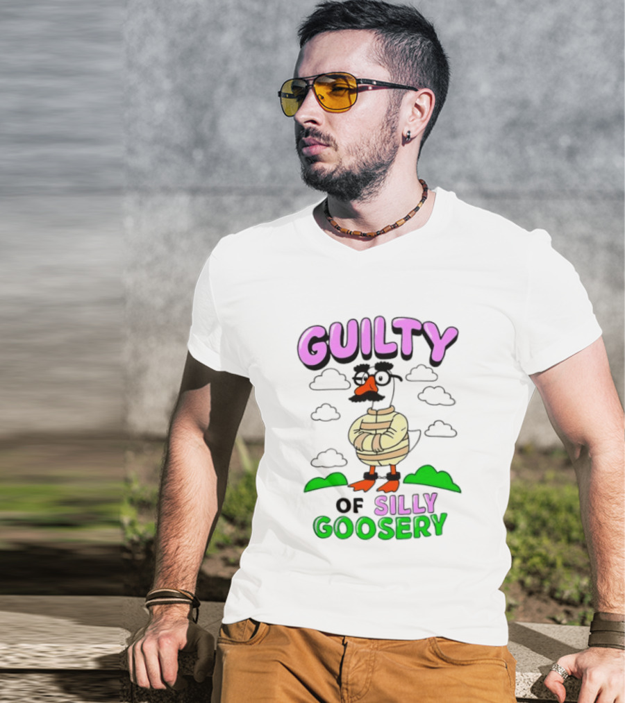 Guilty Of Silly Goosery Cartoon Goose In Striped Suit T-Shirt