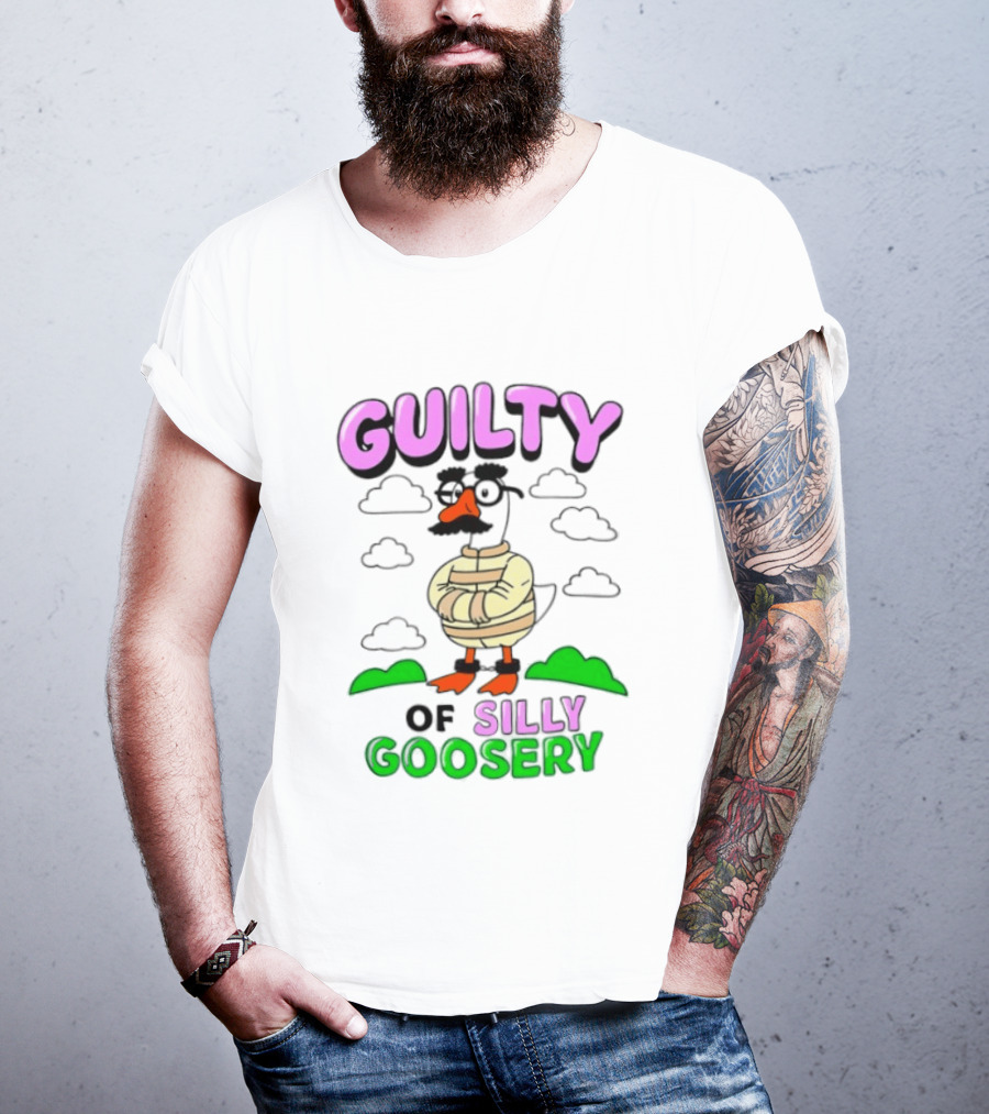 Guilty Of Silly Goosery Cartoon Goose In Striped Suit T-Shirt