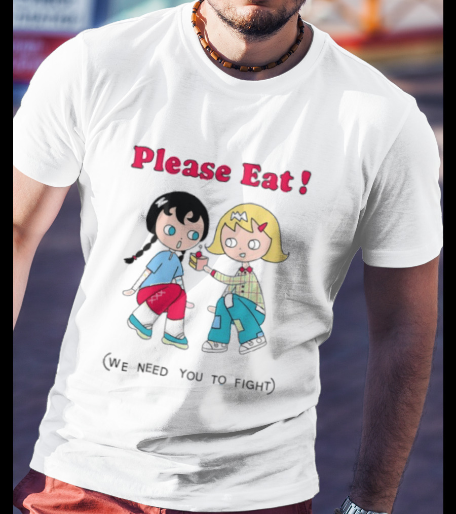 Please Eat We Need You To Fight Vintage Anime Style Cartoon Characters Sharing Food T-Shirt