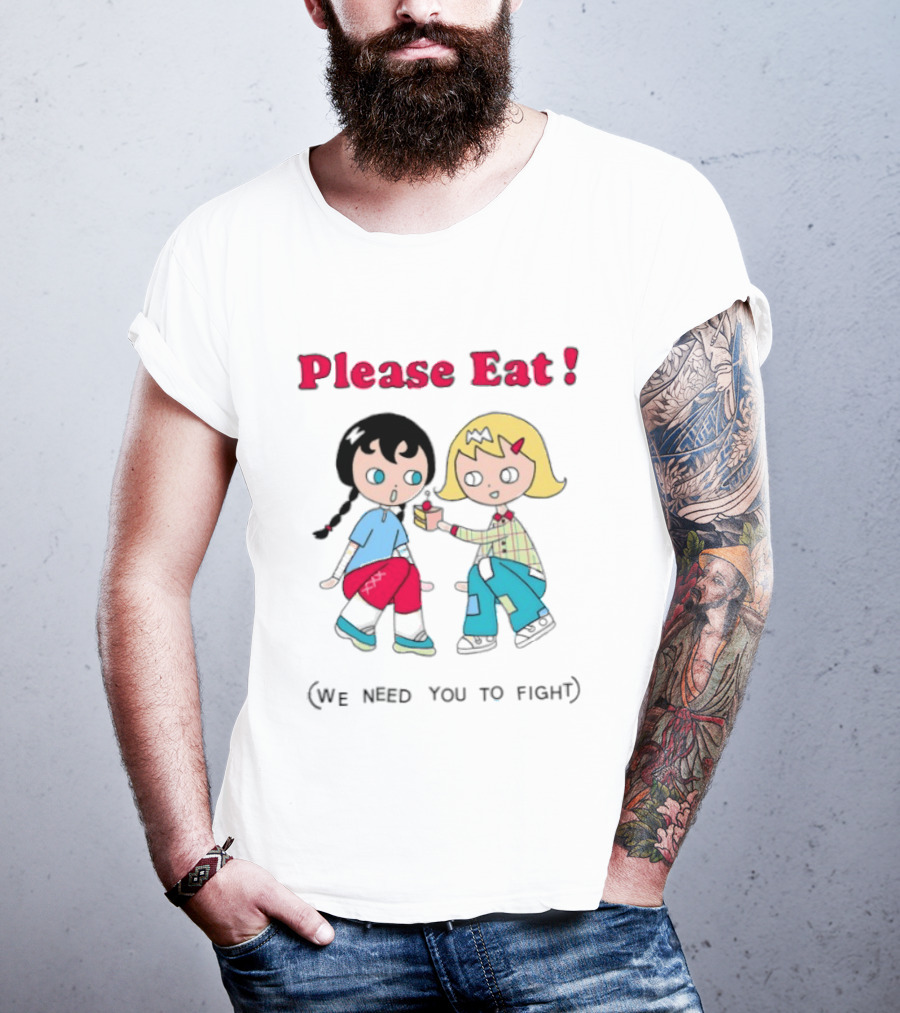 Please Eat We Need You To Fight Vintage Anime Style Cartoon Characters Sharing Food T-Shirt