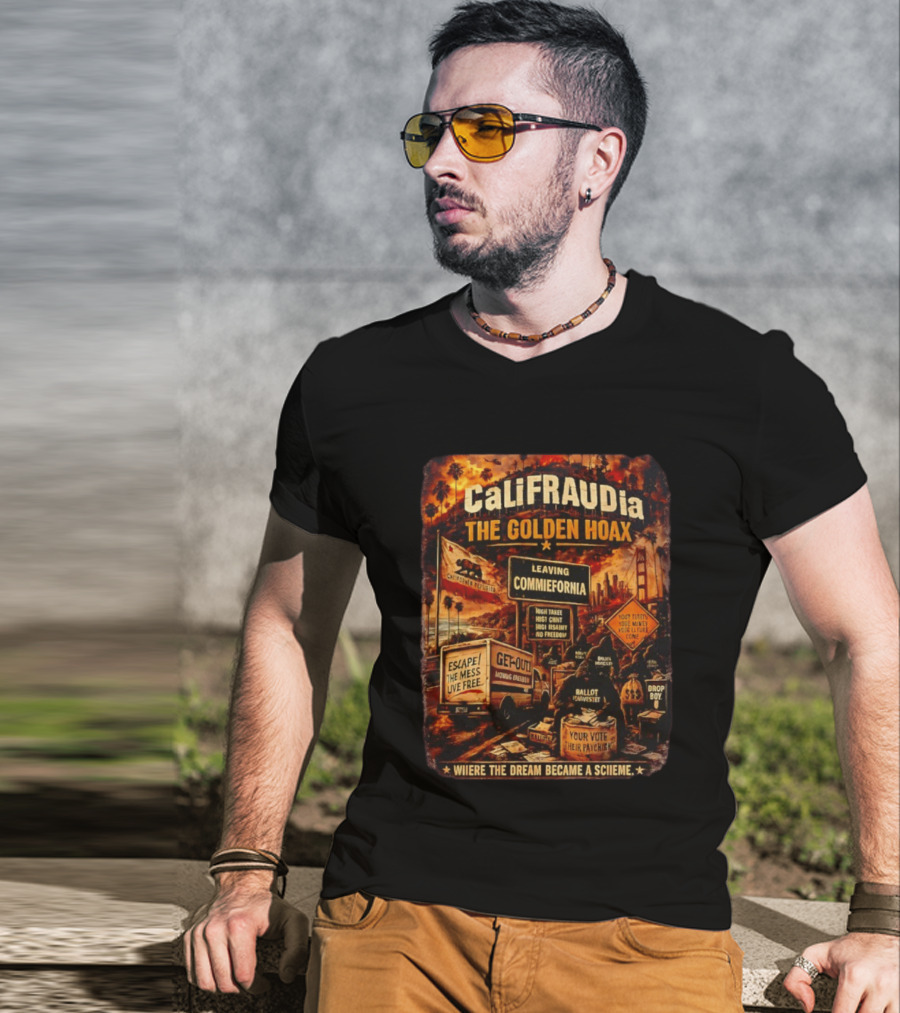 CaliFRAUDia The Golden Hoax Leaving Commiefornia Escape The Mess Live Free T-Shirt