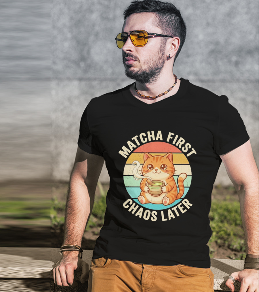 Matcha First Chaos Later Cat Retro Stripes Tea T-Shirt