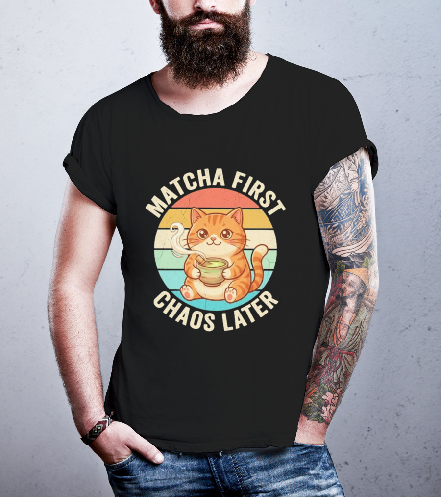 Matcha First Chaos Later Cat Retro Stripes Tea T-Shirt
