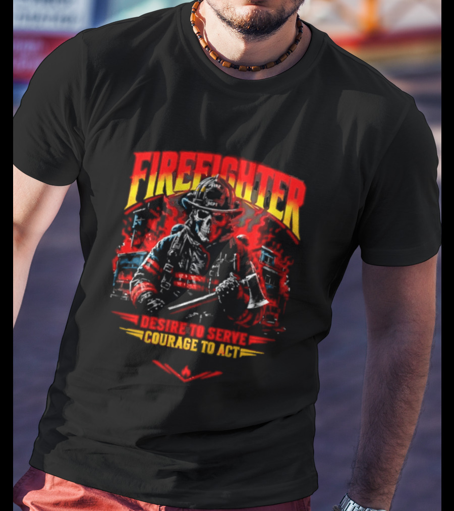 Firefighter Skull Desire To Serve Courage To Act Vintage Fireman Helmet And Axe T-Shirt