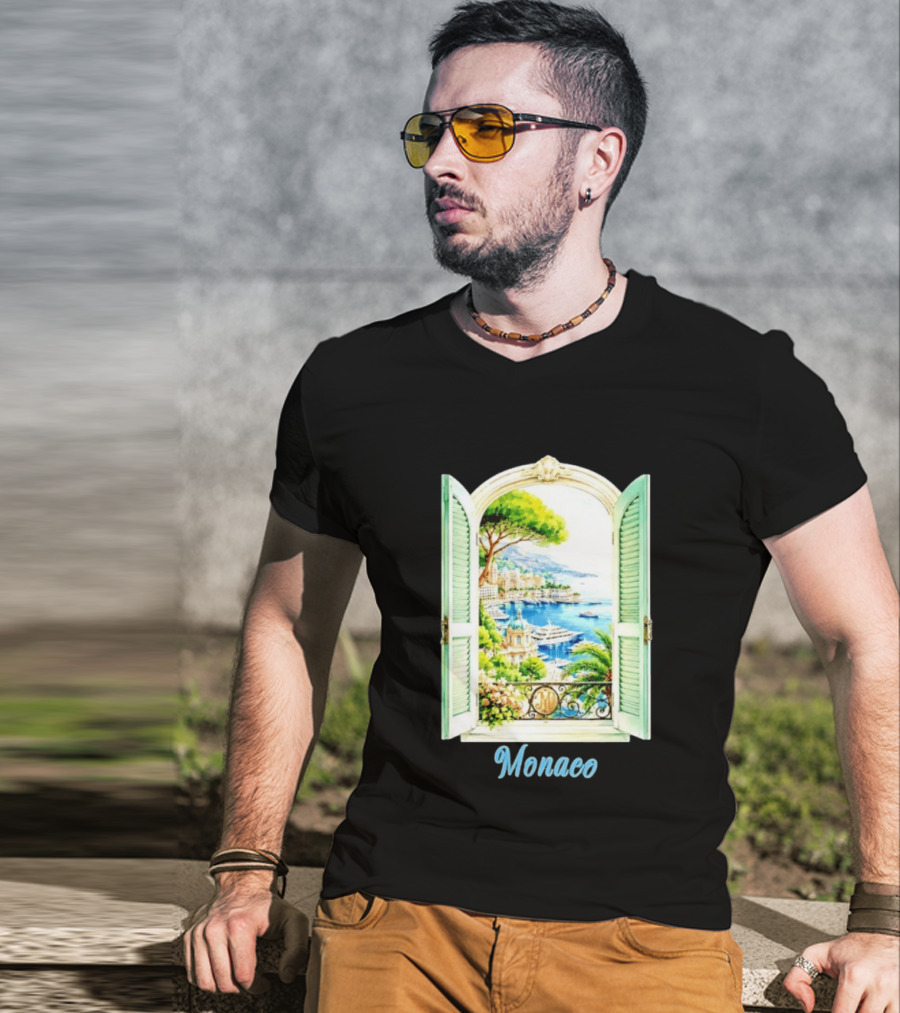 Monaco Window View French Riviera Monte Carlo Scenic Coastal Paradise T-Shirt