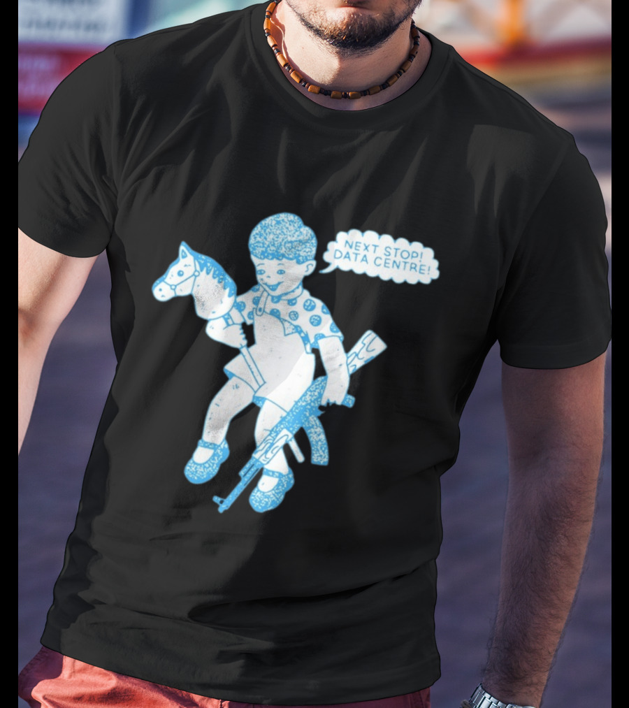 Next Stop Data Centre Kid With Hobby Horse And Toy Rifle Tech Humor T-Shirt