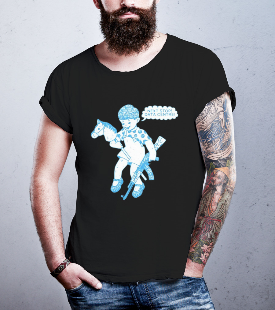 Next Stop Data Centre Kid With Hobby Horse And Toy Rifle Tech Humor T-Shirt