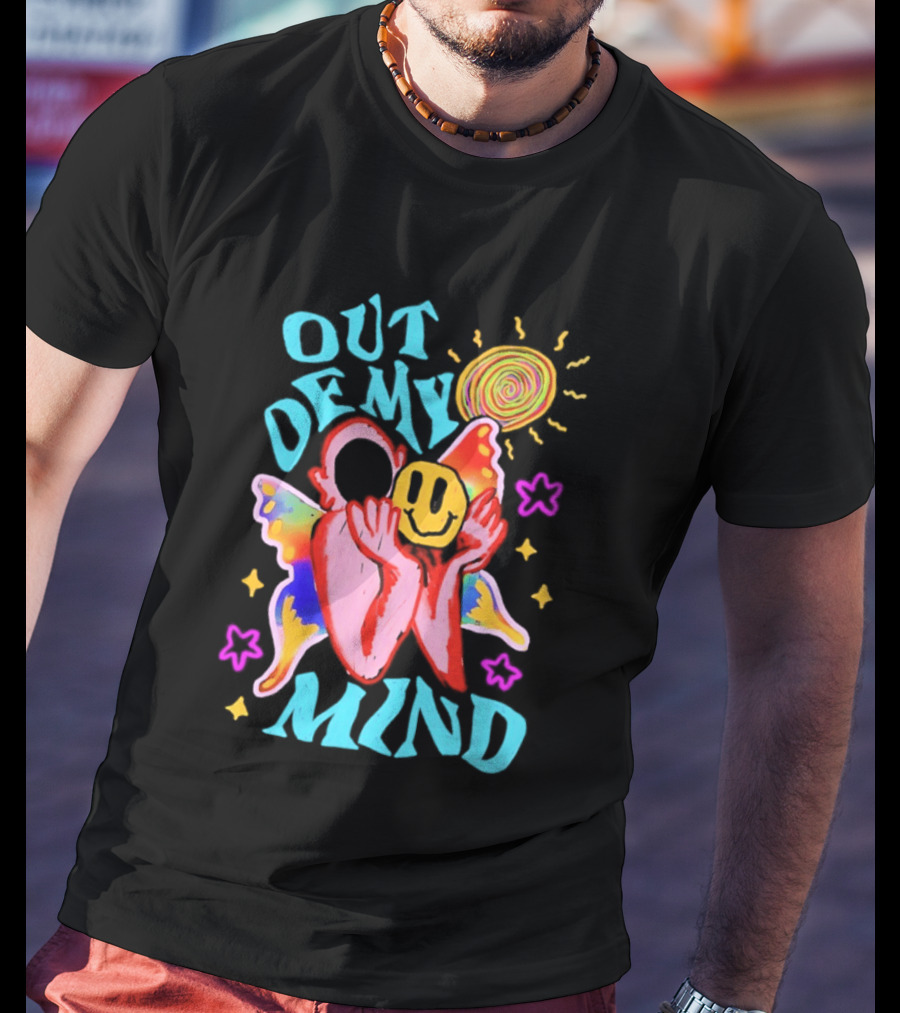 Out Of My Mind Smiley Face Butterfly Psychedelic Sunburst Fantasy Flowers T-Shirt