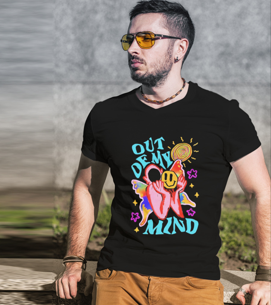 Out Of My Mind Smiley Face Butterfly Psychedelic Sunburst Fantasy Flowers T-Shirt