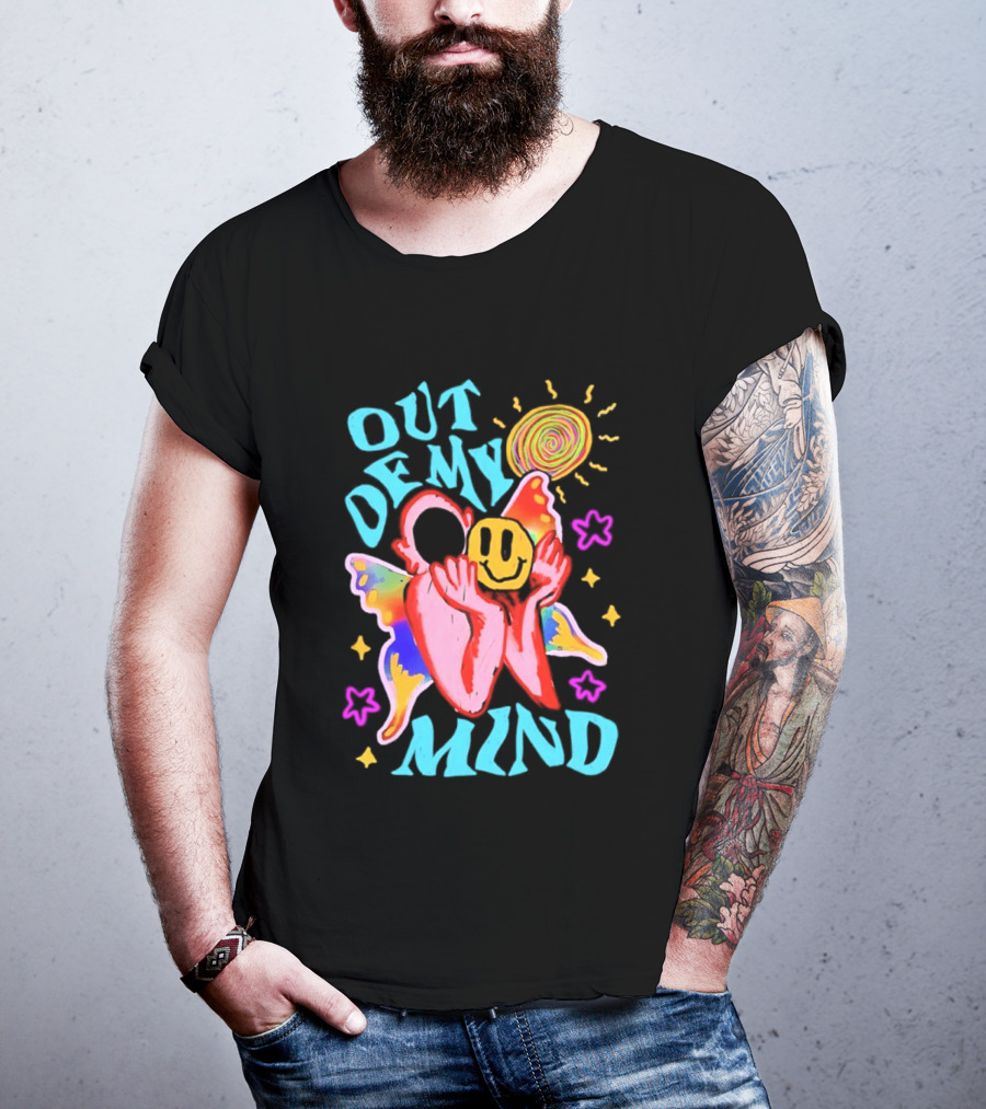 Out Of My Mind Smiley Face Butterfly Psychedelic Sunburst Fantasy Flowers T-Shirt