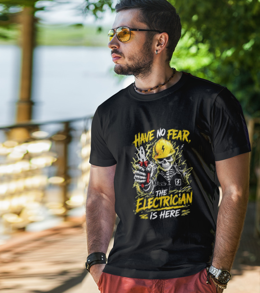 Have No Fear The Electrician Is Here Skeleton Yellow Hard Hat Holding Tool T-Shirt
