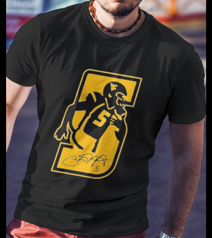 West Virginia Mountaineers Number 5 Retirement Football Icon With Signature T-Shirt