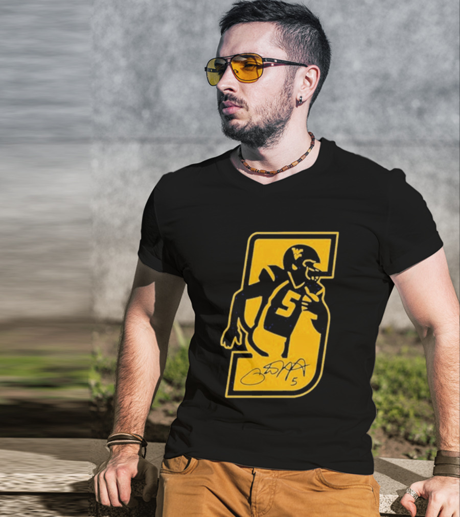 West Virginia Mountaineers Number 5 Retirement Football Icon With Signature T-Shirt