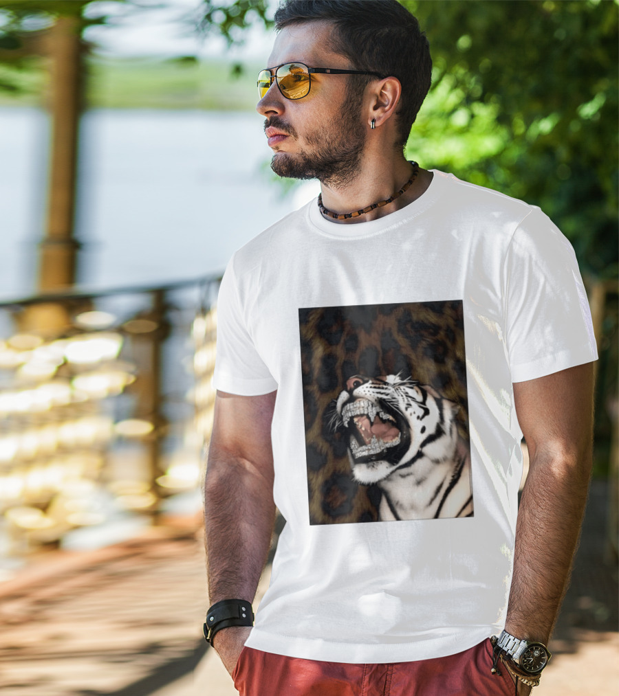Tiger Diamond Grillz Iced Out Animal Roaring With Leopard Print T-Shirt