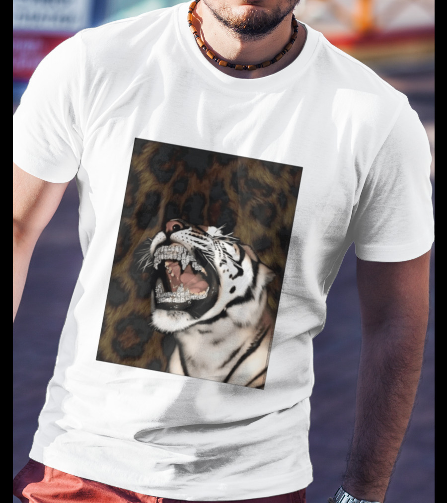 Tiger Diamond Grillz Iced Out Animal Roaring With Leopard Print T-Shirt
